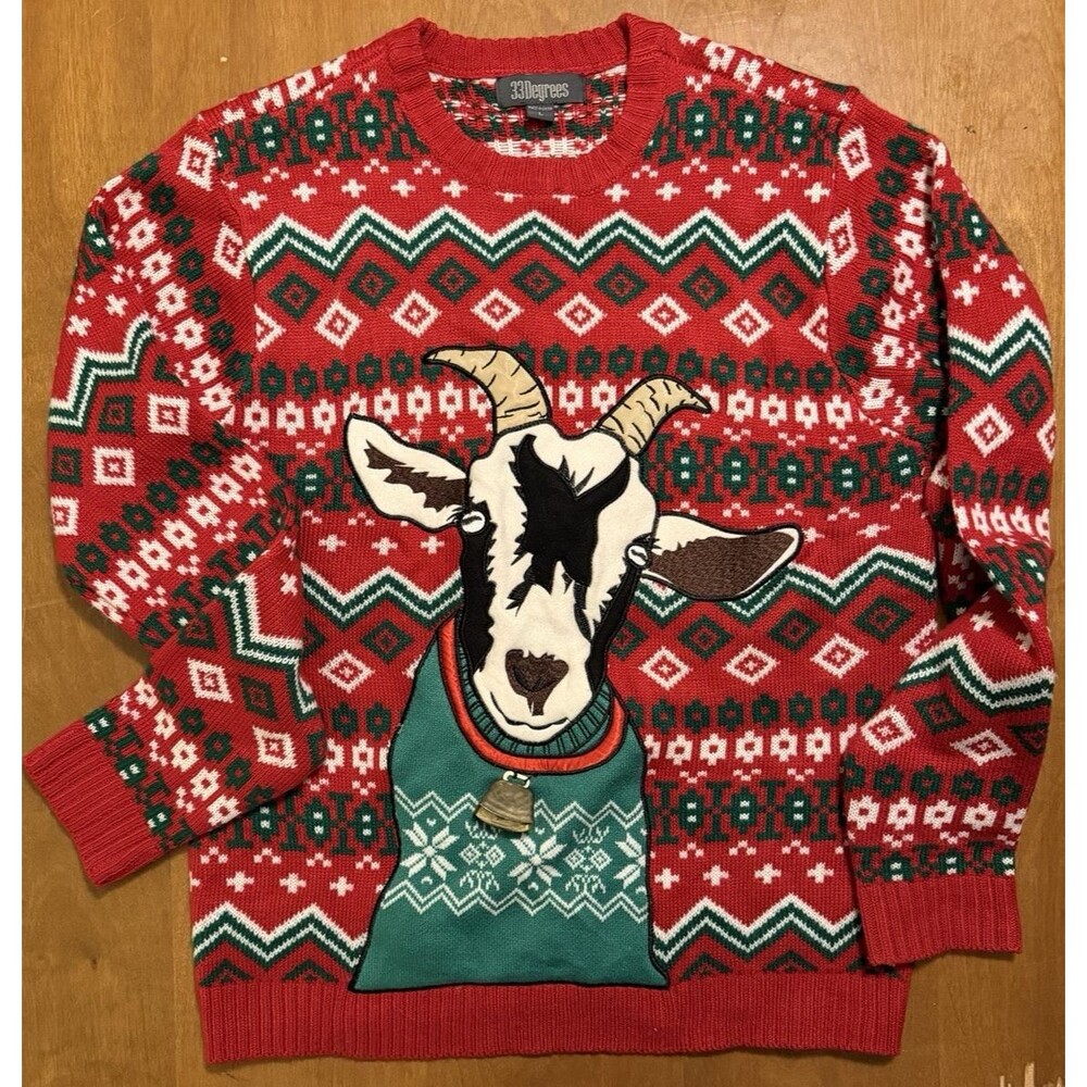 33 Degrees Men's Ugly Christmas Sweater w/ Goat & Real Ringing Bell Red Fun Sz L